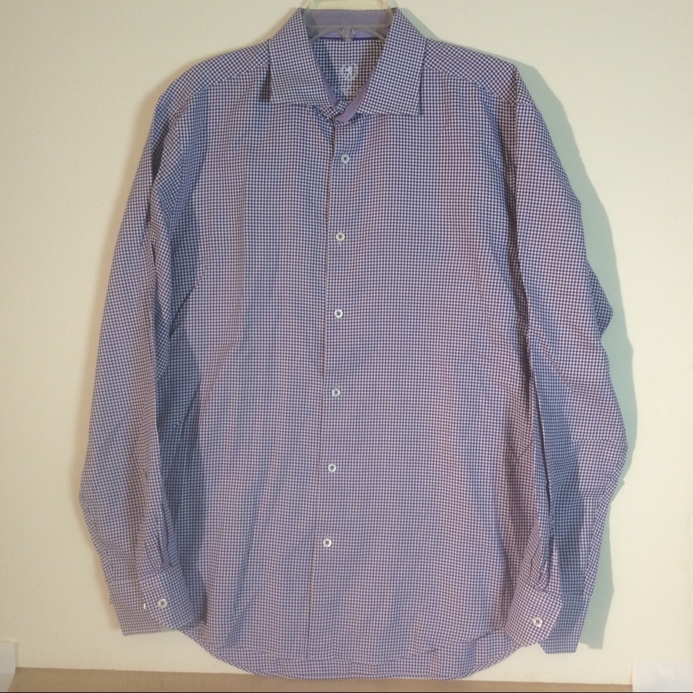 Bugatchi Sz 17.5 Purple White Check Pattern Button Front Long Sleeve Shirt